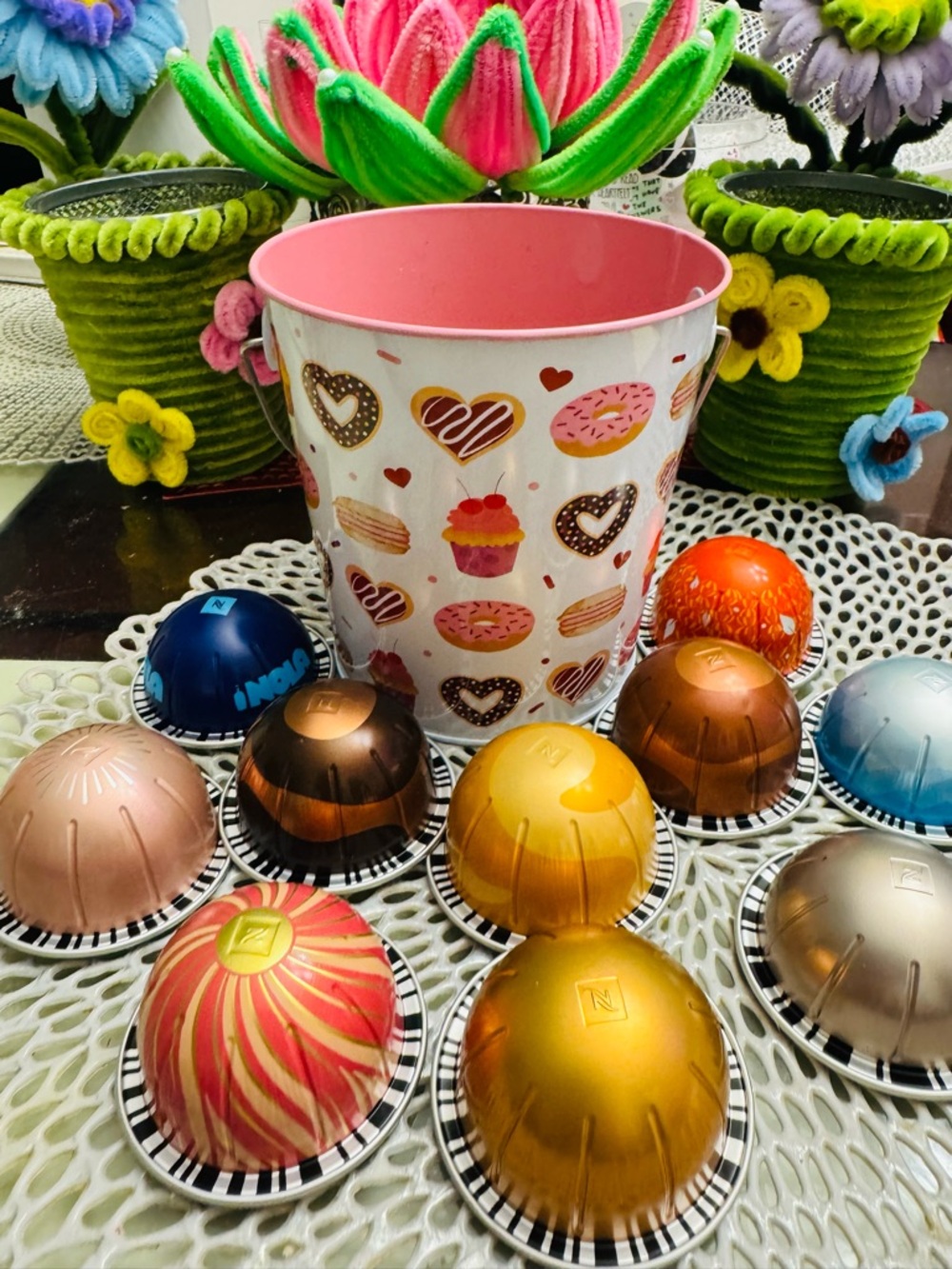 Nespresso VERTUO Pink Decorative Bucket with Assorted yum flavors sampler